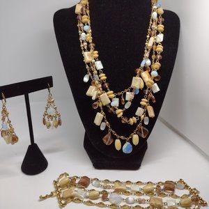 Three Piece Set Necklace in Tones of Cream, Blues, Pinks and Gold